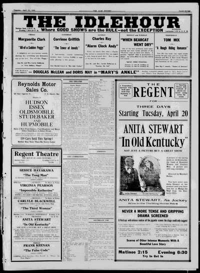 Regent Theater - Apr 15 1920 Idlehour And Regent Ad